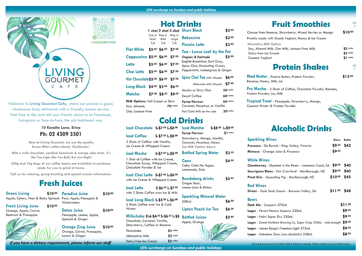 Menu, Living Gourmet Cafe & Catering Erina, Central Coast NSW
