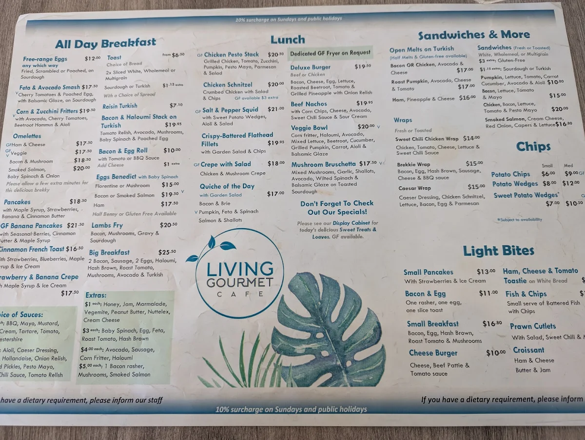 Menu, Living Gourmet Cafe & Catering Erina, Central Coast NSW