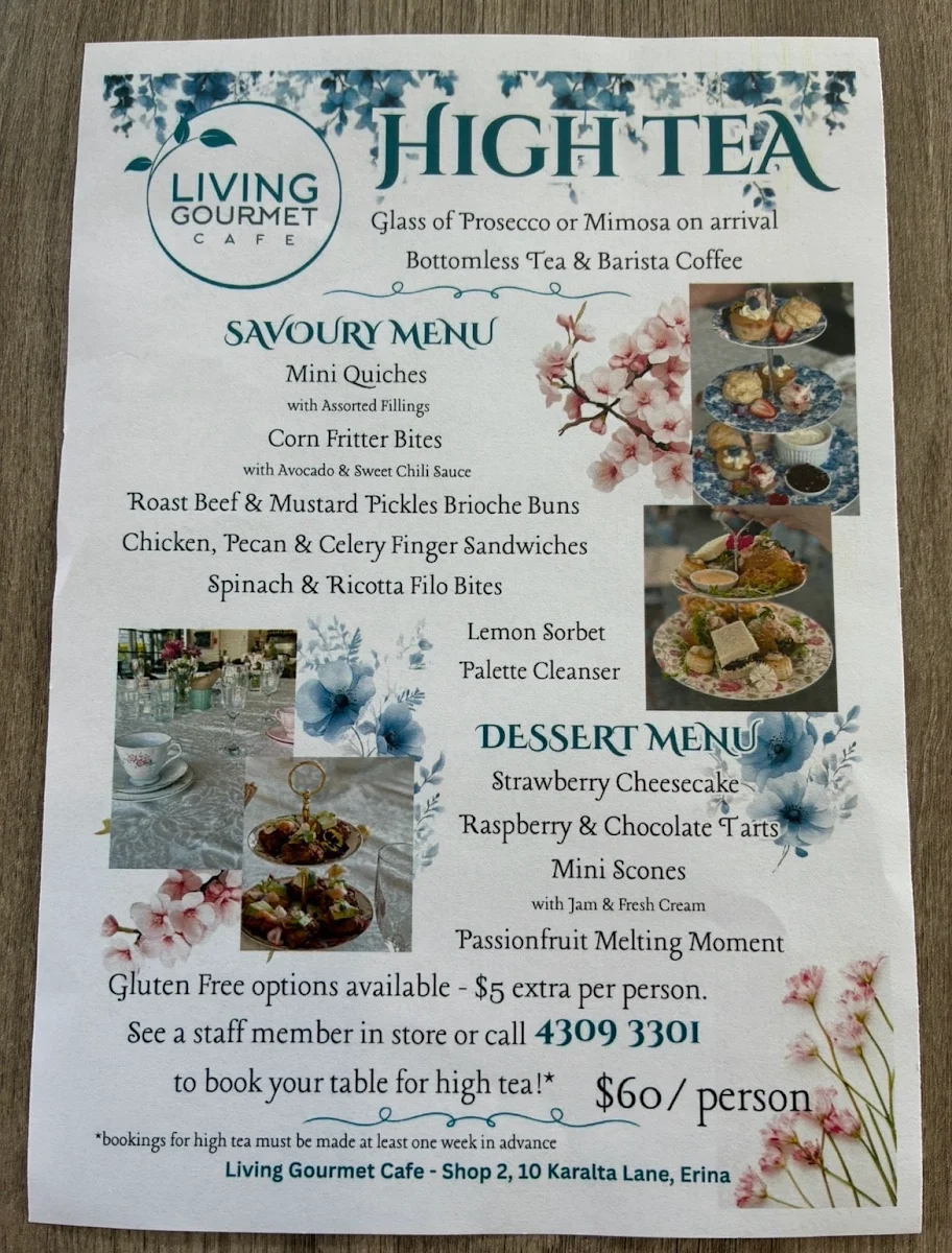 Menu, Living Gourmet Cafe & Catering Erina, Central Coast NSW