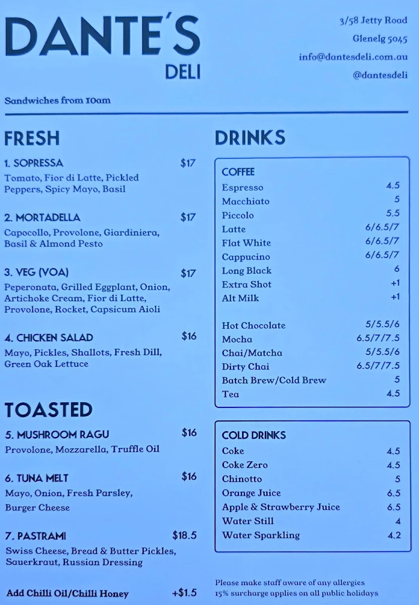 Menu, Dante's Deli