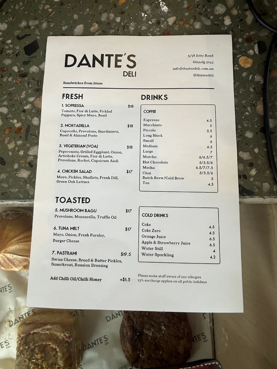 Menu, Dante's Deli