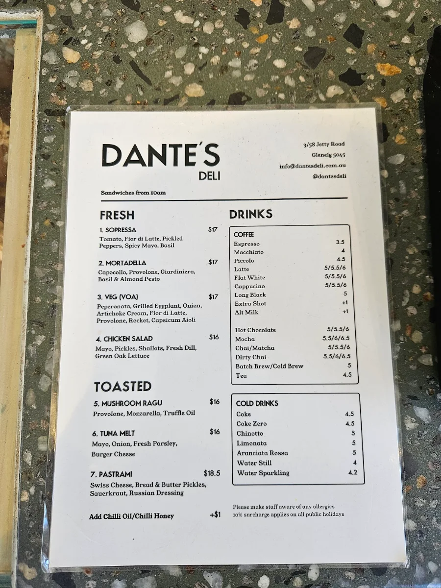 Menu, Dante's Deli