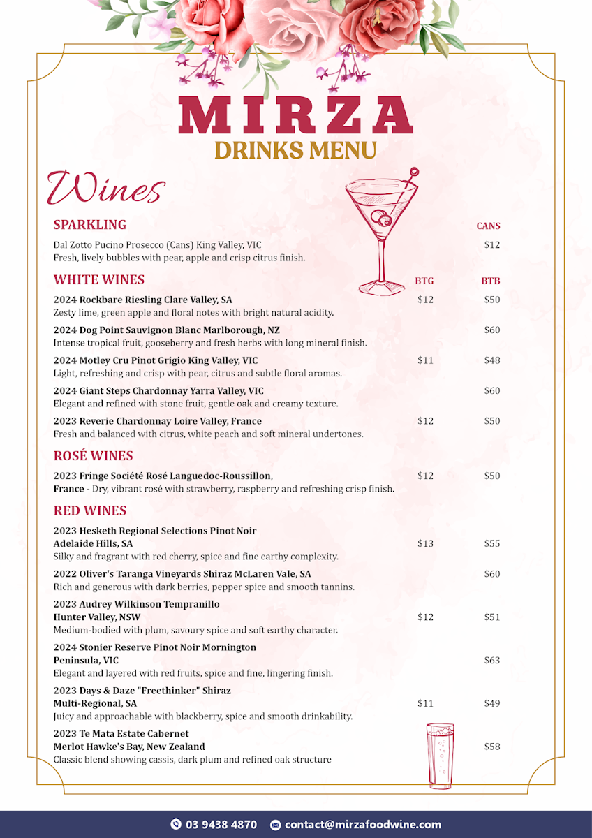 Menu, Mirza Food & Wine