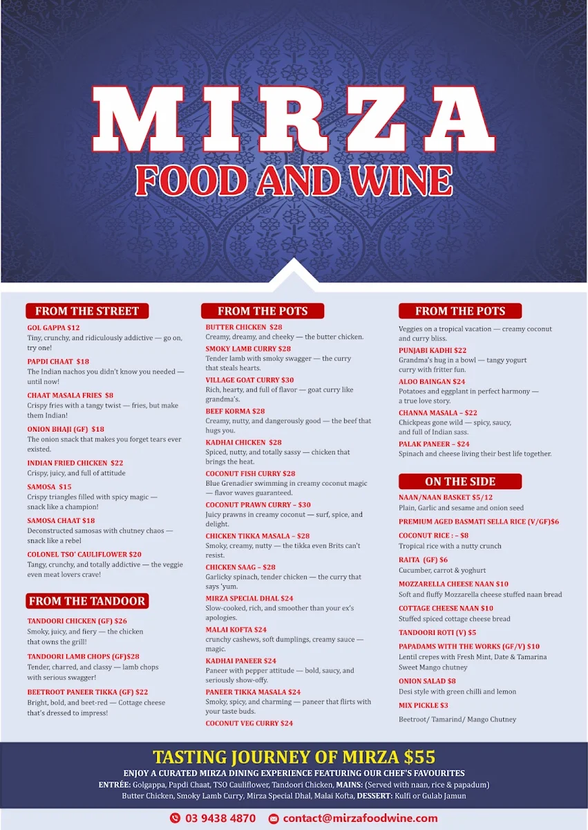 Menu, Mirza Food & Wine