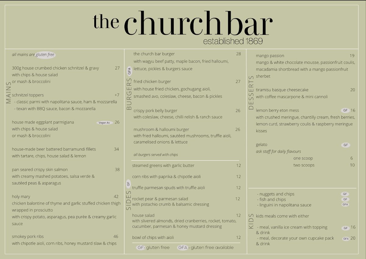 Menu, The Church Bar
