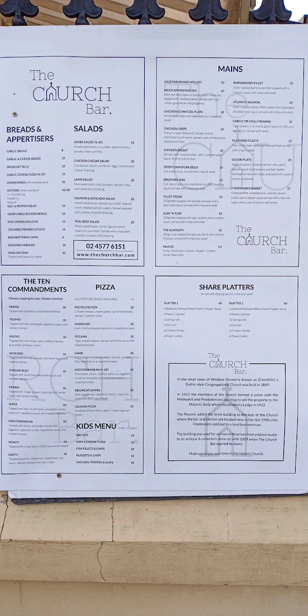 Menu, The Church Bar