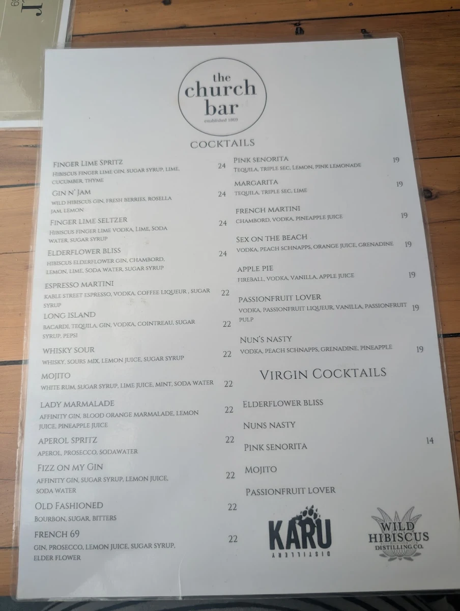 Menu, The Church Bar