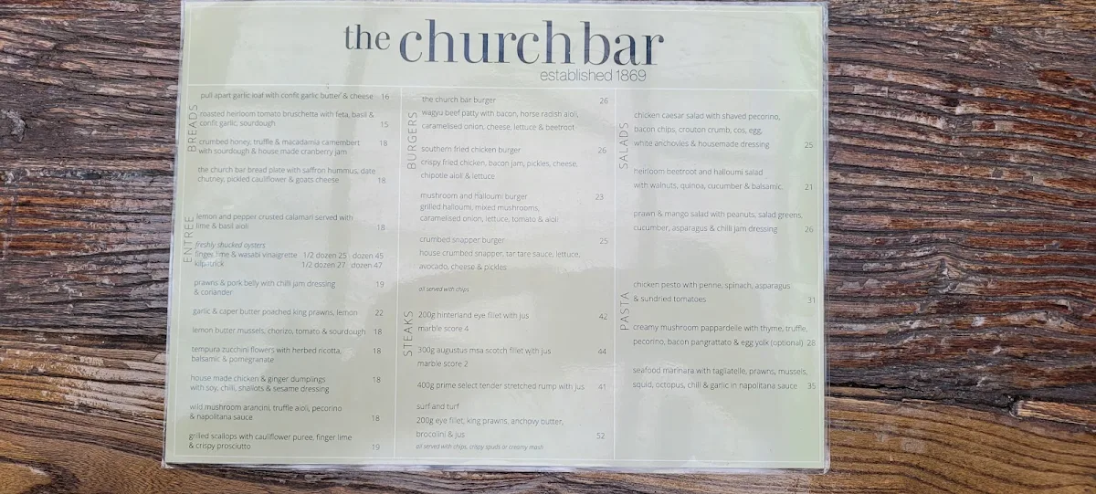 Menu, The Church Bar