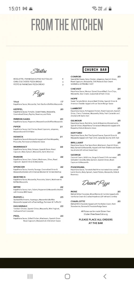 Menu, The Church Bar