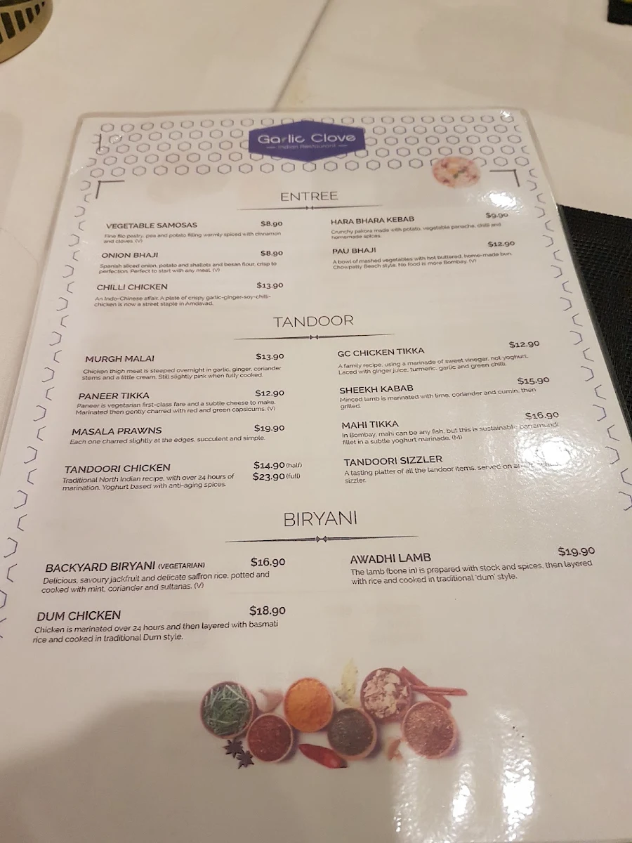 Menu, Garlic Clove Indian Restaurant