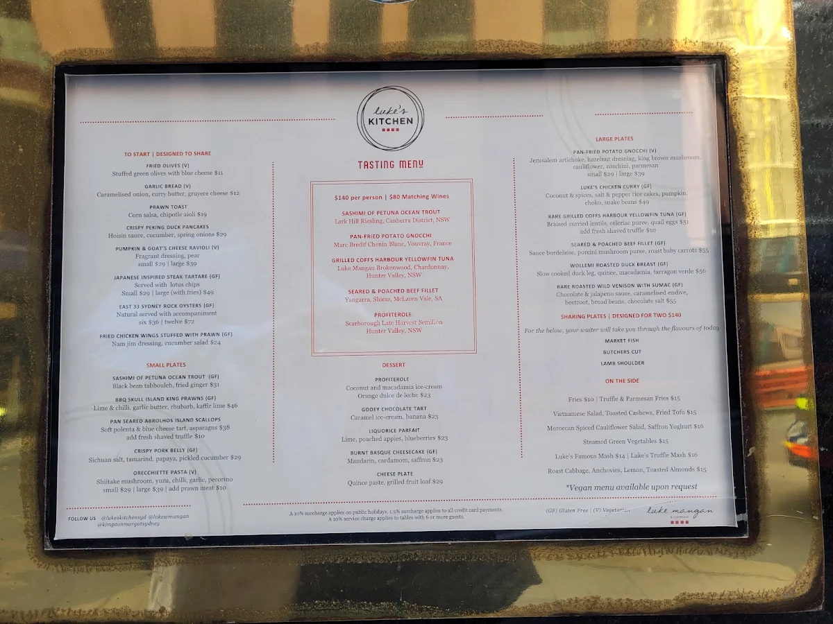 Menu, Luke's Kitchen at Kimpton Margot Hotel Sydney