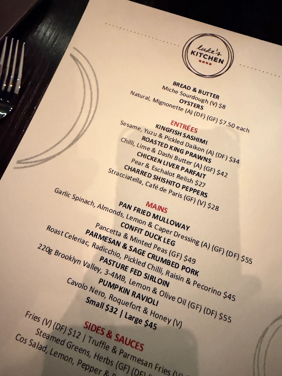 Menu, Luke's Kitchen at Kimpton Margot Hotel Sydney