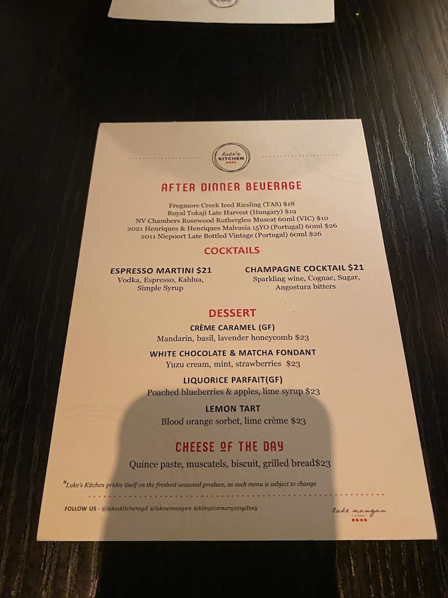Menu, Luke's Kitchen at Kimpton Margot Hotel Sydney