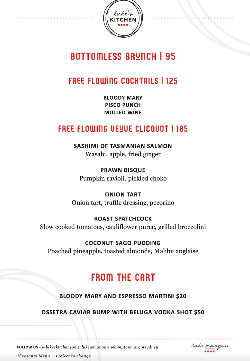 Menu, Luke's Kitchen at Kimpton Margot Hotel Sydney