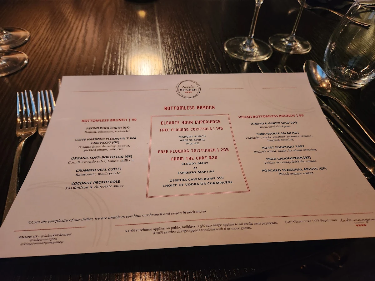 Menu, Luke's Kitchen at Kimpton Margot Hotel Sydney
