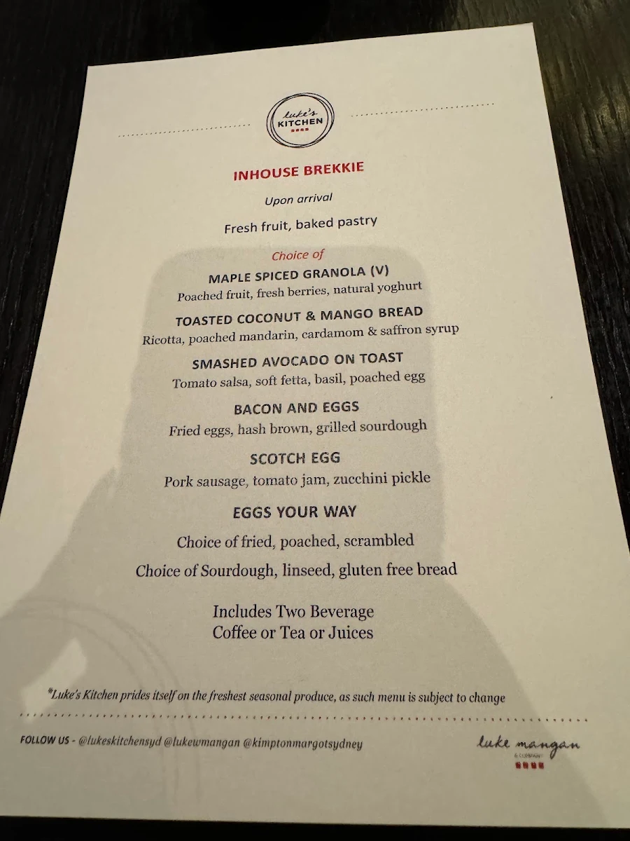 Menu, Luke's Kitchen at Kimpton Margot Hotel Sydney