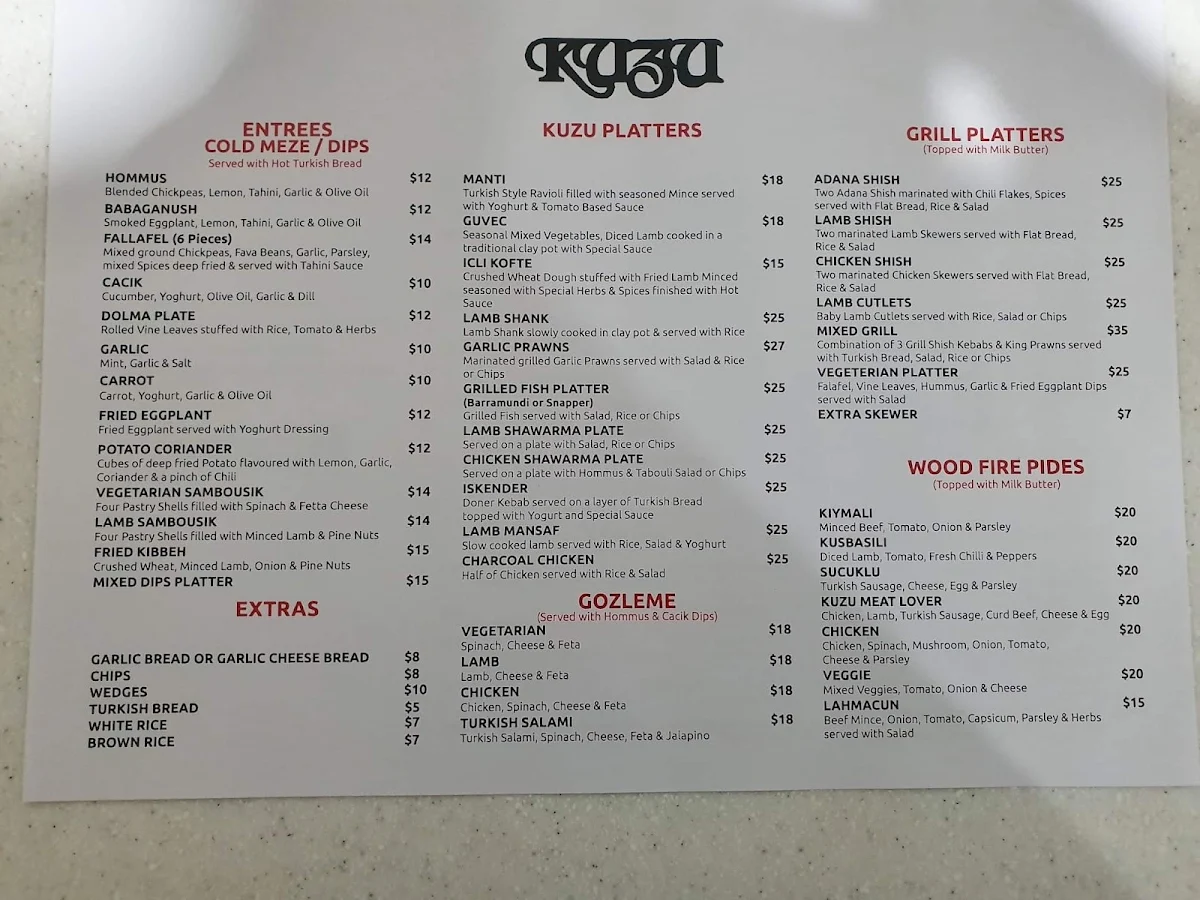 Menu, Kuzu Turkish Resturant & Shisha Lounge