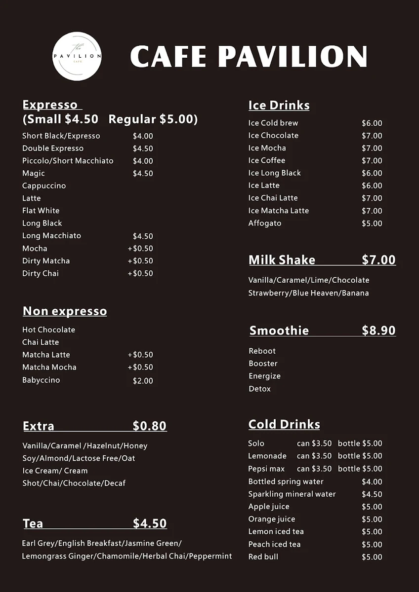 Menu, Pavilion Cafe