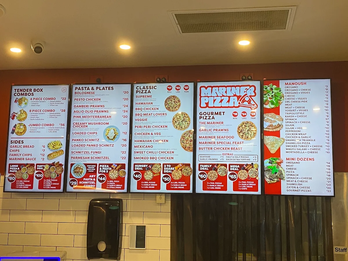 Menu, Mariner Pizzeria