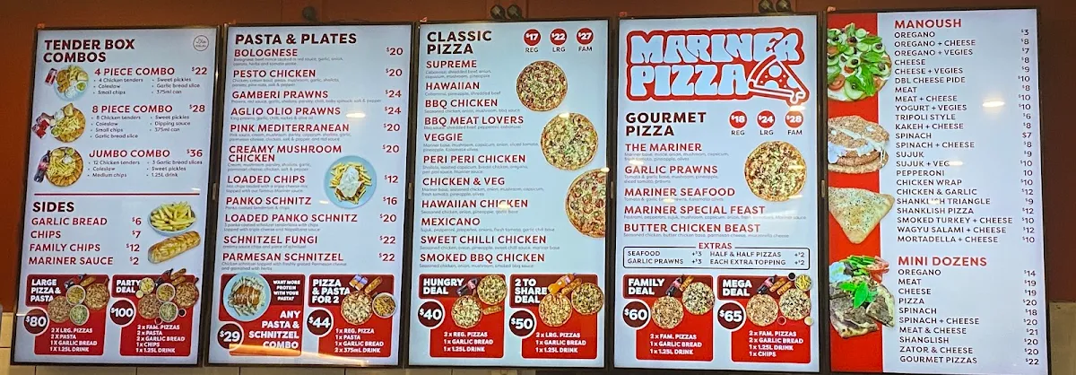 Menu, Mariner Pizzeria