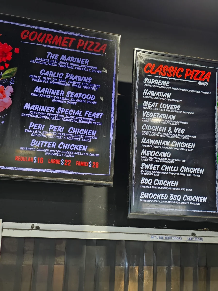 Menu, Mariner Pizzeria