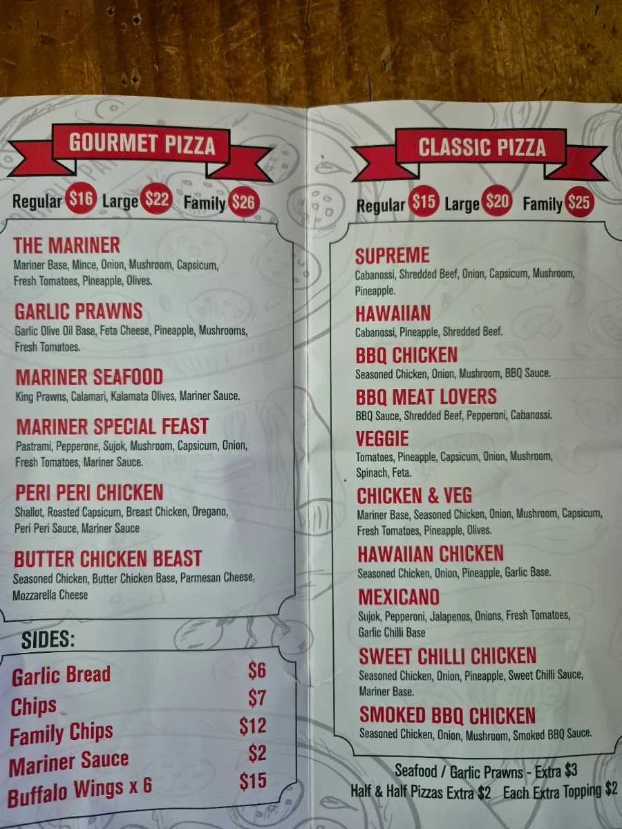 Menu, Mariner Pizzeria