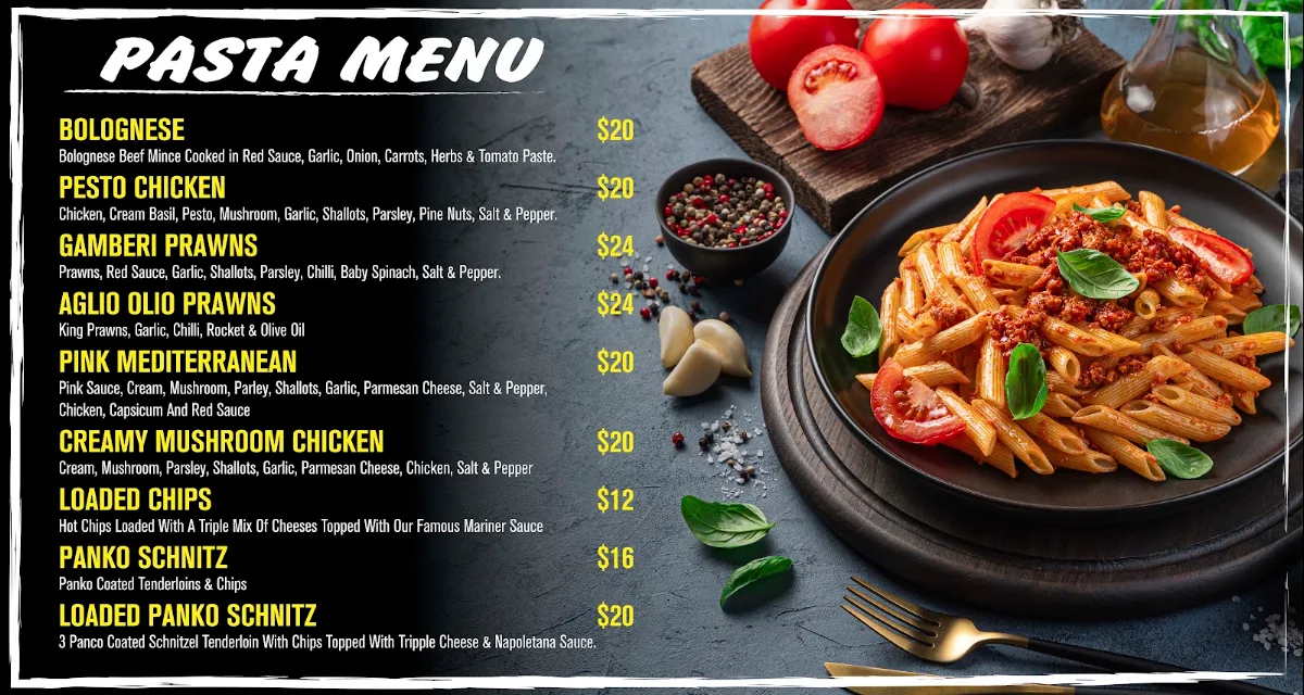 Menu, Mariner Pizzeria