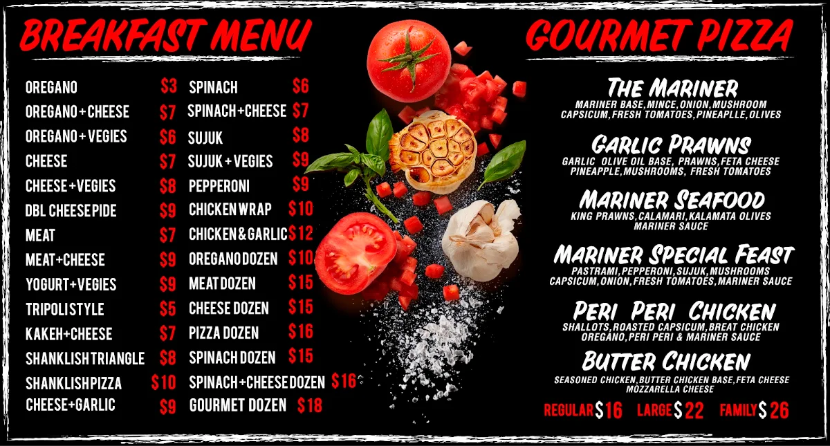 Menu, Mariner Pizzeria