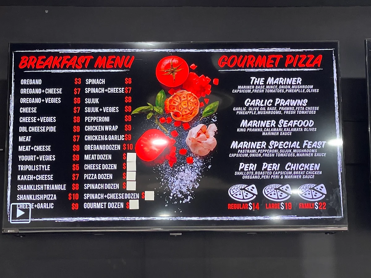 Menu, Mariner Pizzeria
