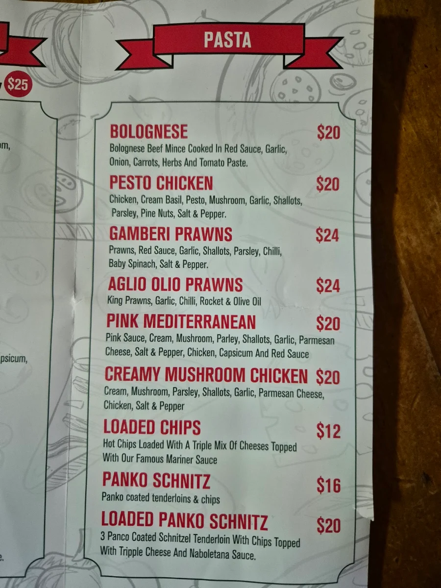 Menu, Mariner Pizzeria