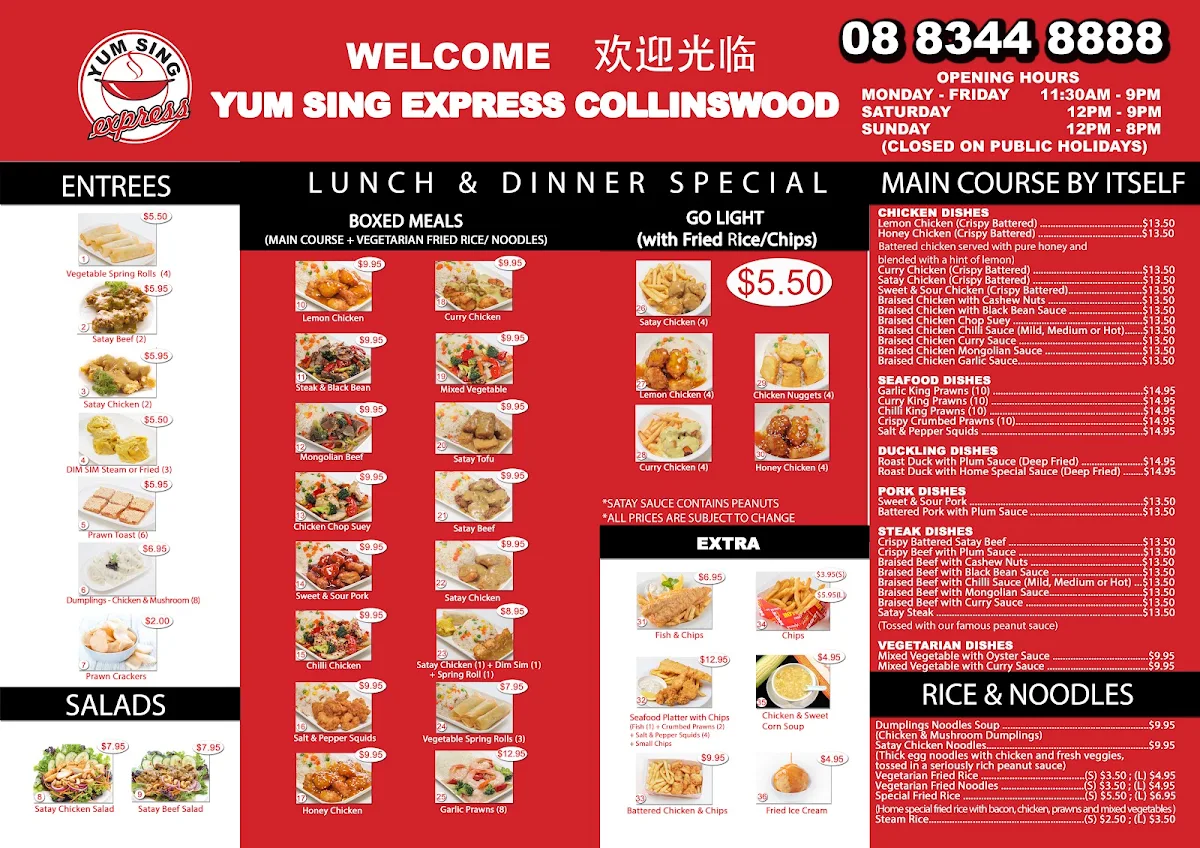 Menu, Yum Sing Express Collinswood
