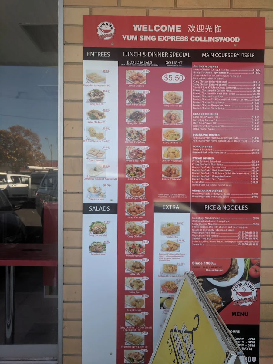 Menu, Yum Sing Express Collinswood