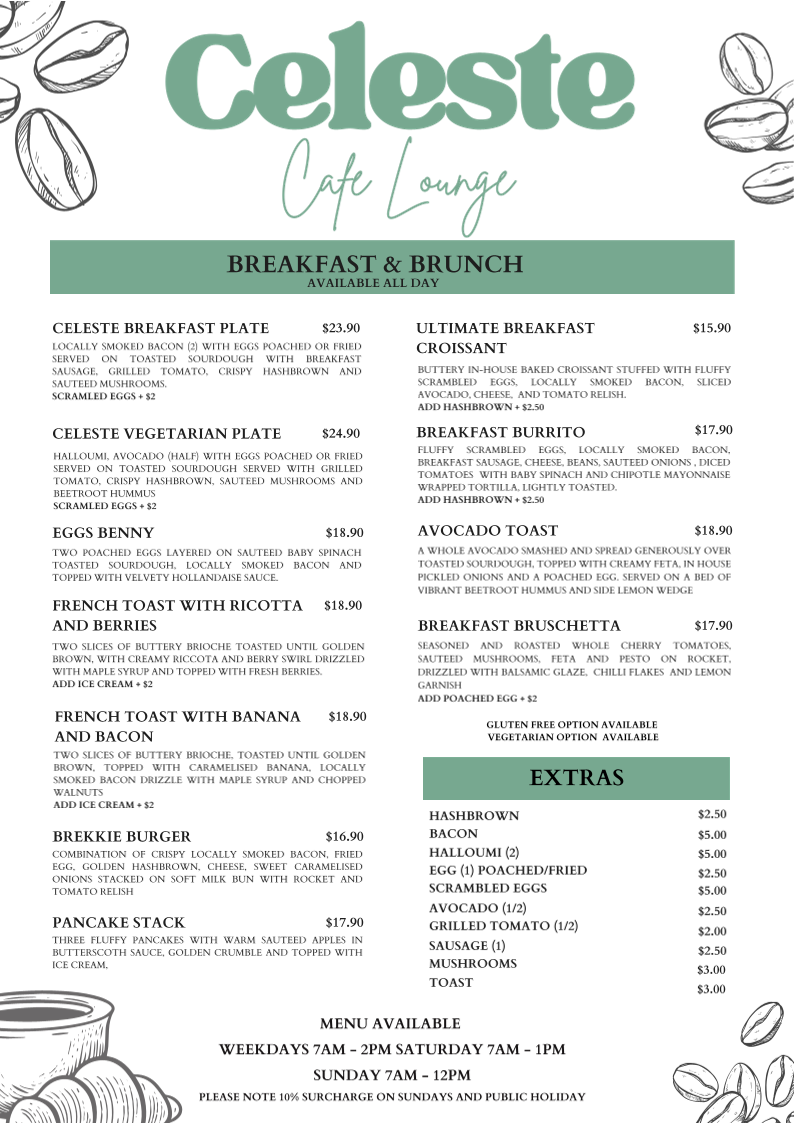Menu, Celeste Cafe Lounge