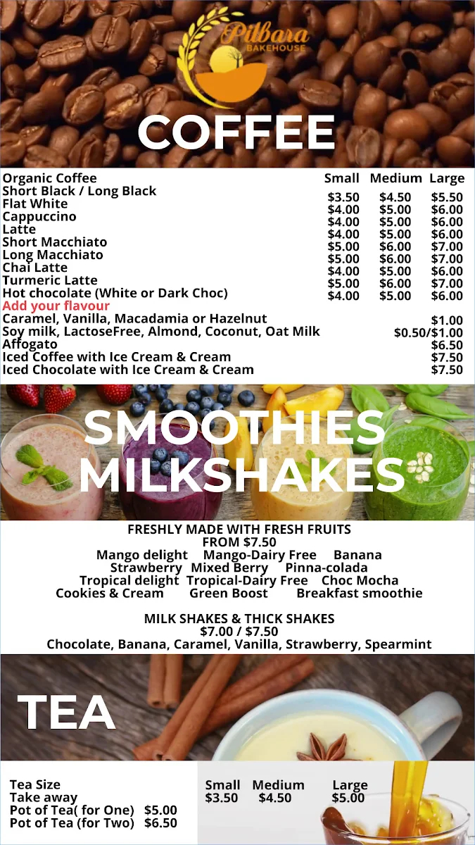 Menu, Pilbara Bakehouse