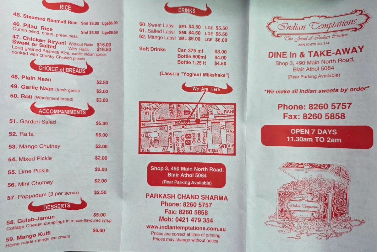 Menu, Indian Temptations