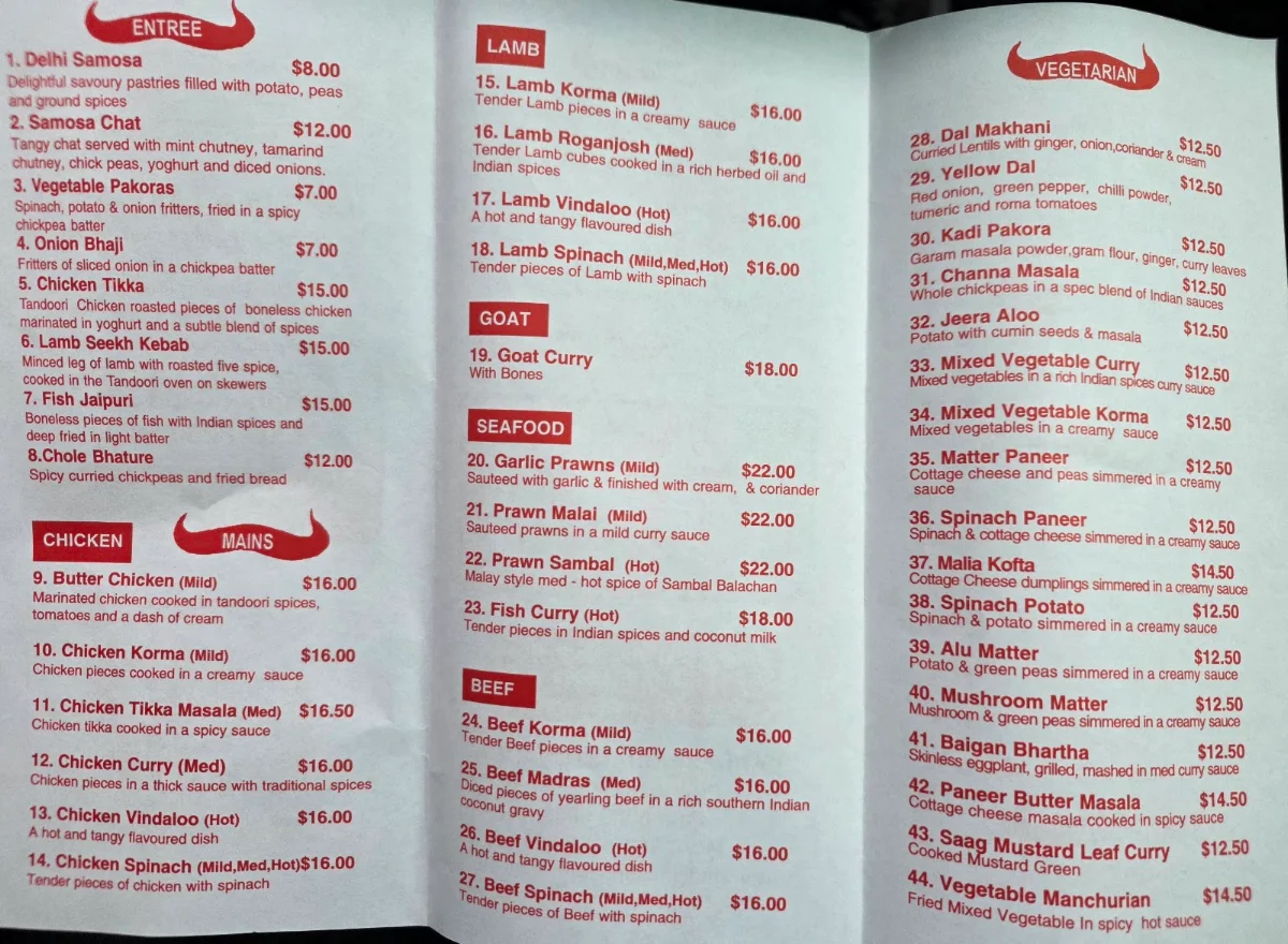 Menu, Indian Temptations