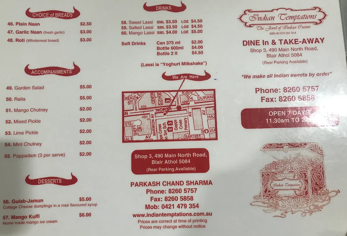 Menu, Indian Temptations