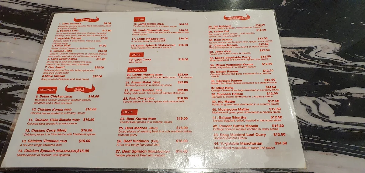 Menu, Indian Temptations