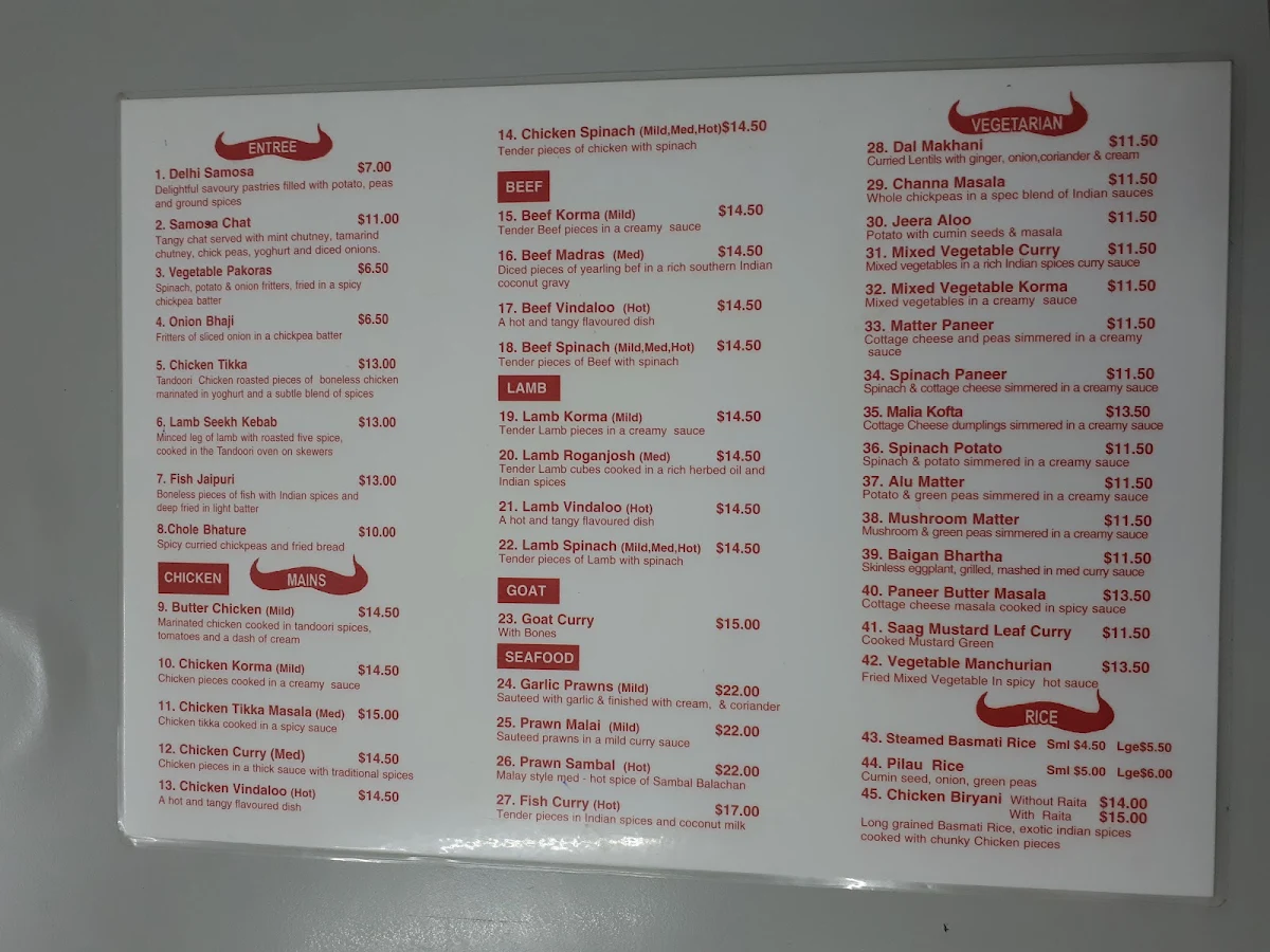 Menu, Indian Temptations