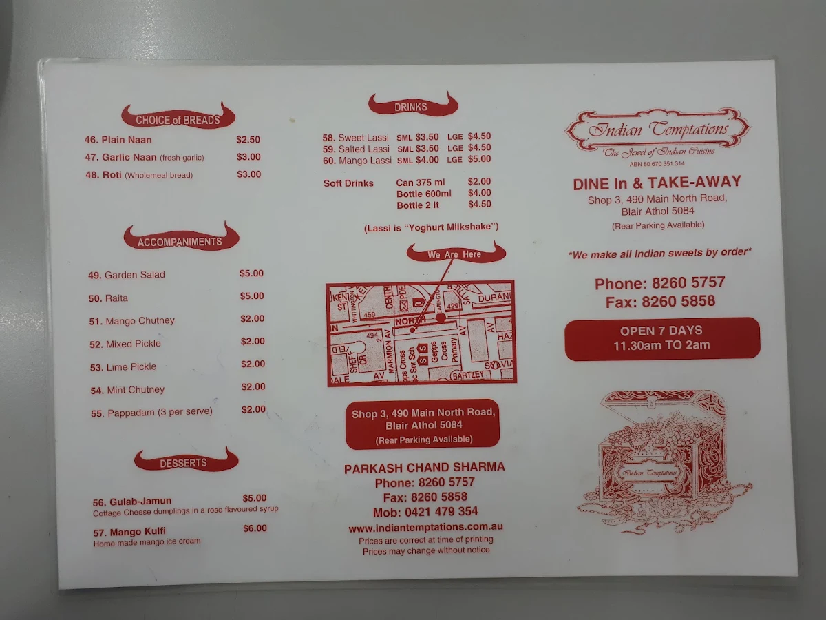 Menu, Indian Temptations