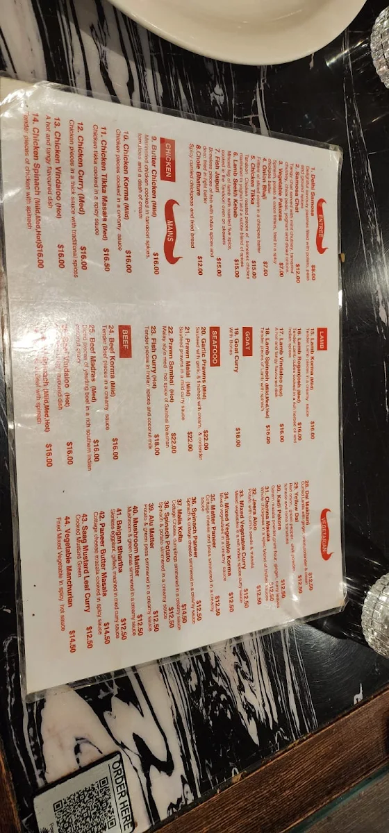 Menu, Indian Temptations