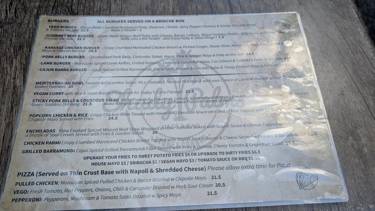 Menu, Shady Palms Cafe & Bar
