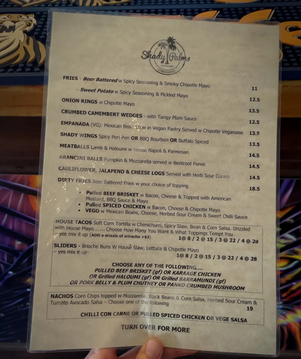 Menu, Shady Palms Cafe & Bar