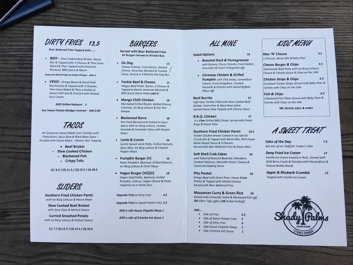 Menu, Shady Palms Cafe & Bar