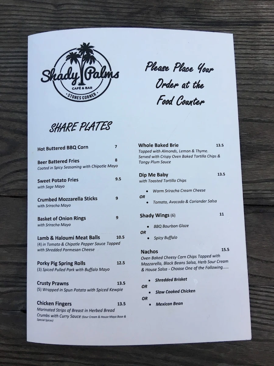 Menu, Shady Palms Cafe & Bar