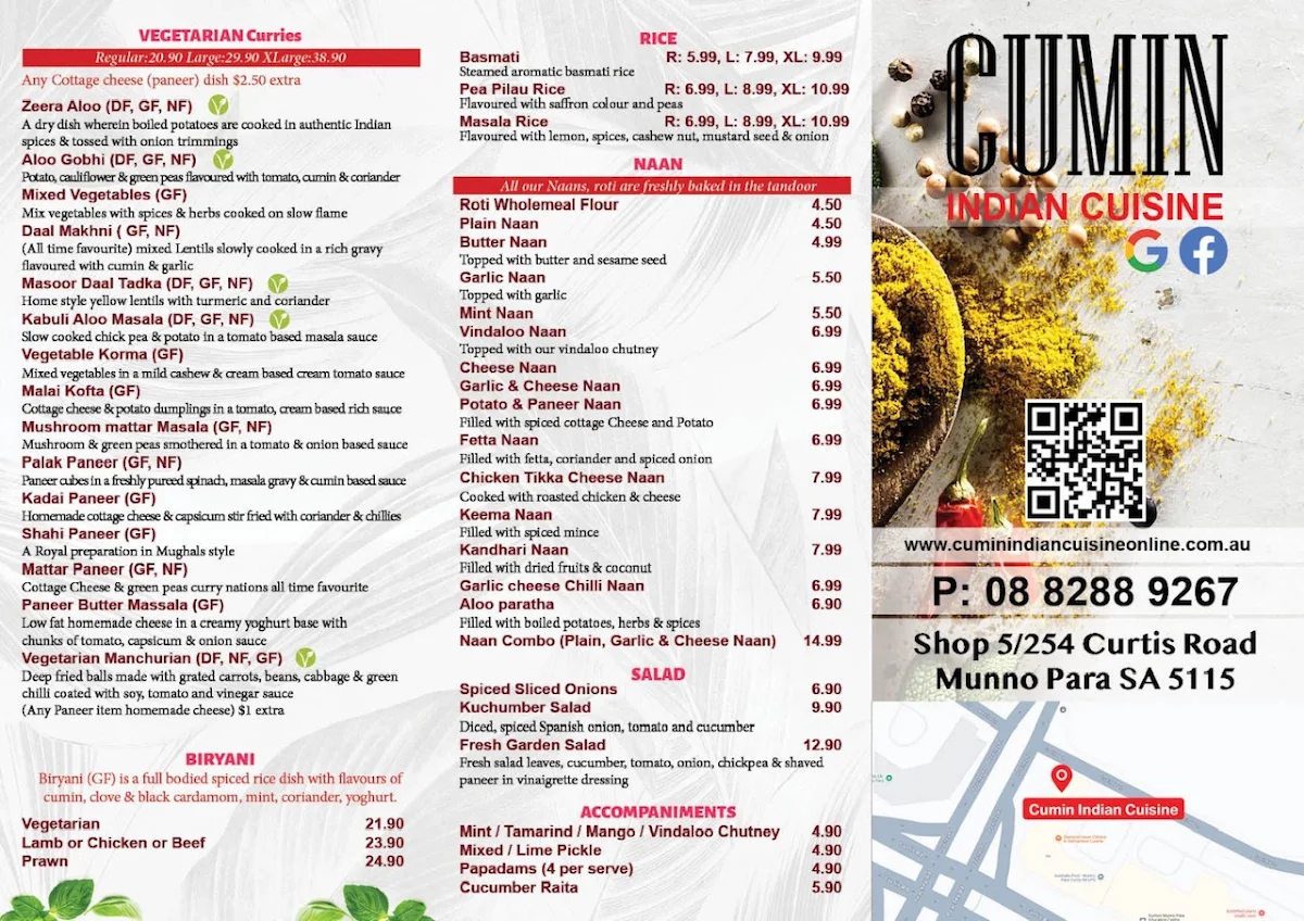 Menu, Cumin Indian Cuisine