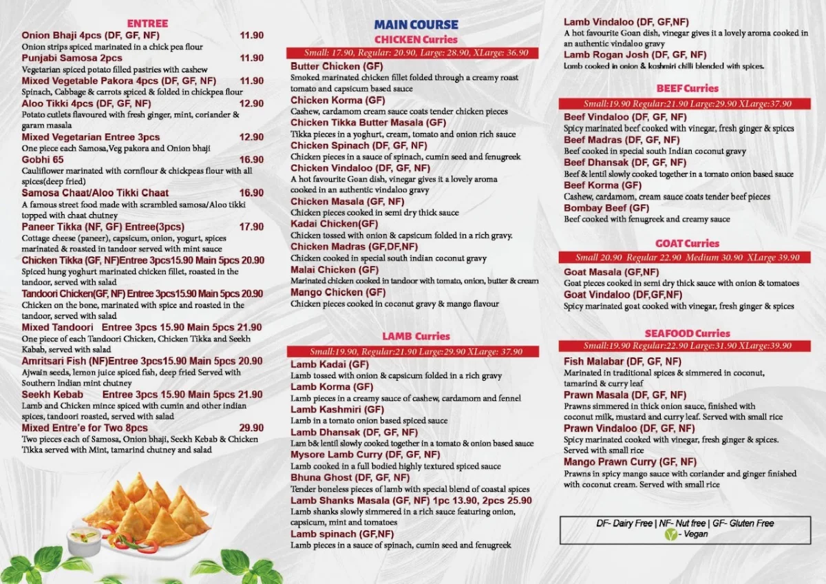 Menu, Cumin Indian Cuisine