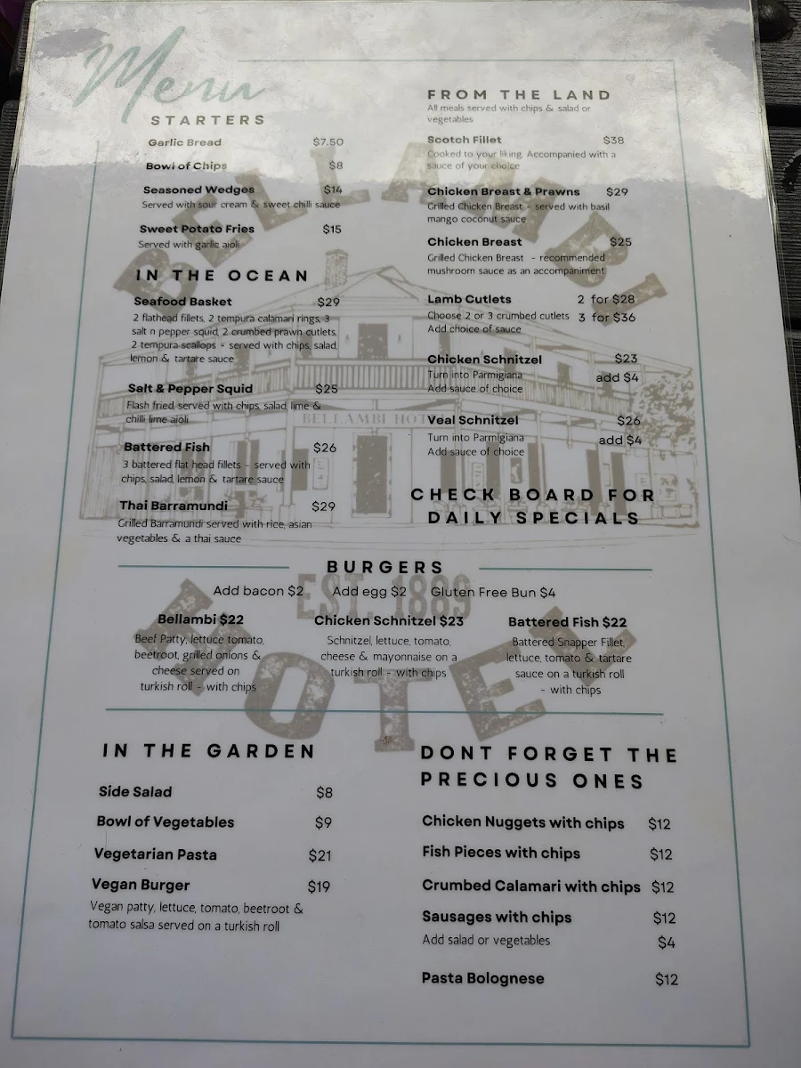 Menu, Bellambi Hotel