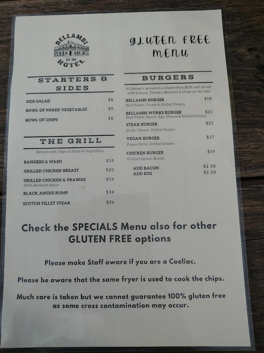 Menu, Bellambi Hotel