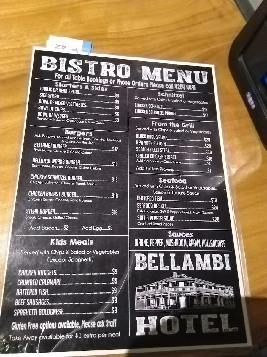 Menu, Bellambi Hotel